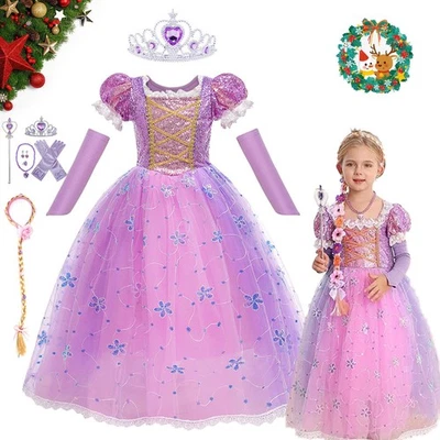 Girls Kids Tangled Rapunzel Princess Fancy Dress Cosplay Party Birthday Outfits - Image 1 of 4