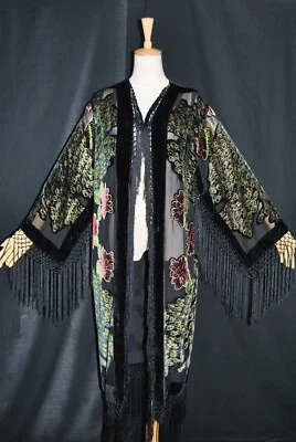 Art to Classic Eastern Peacock  Burnout Velvet Fringe Jacket Coat Kimono Duster - Image 1 of 4