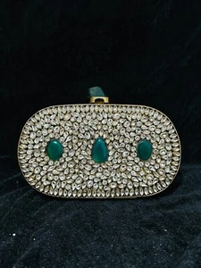 Brass Kundan Purse with Green Gemstone | 1200 Rhinestone inlay Clutch handbag - Picture 1 of 1