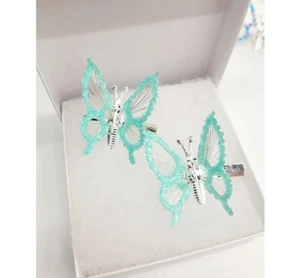 Turquoise Glitter Butterfly Hair Clips Moving Wings 90s Large - Picture 1 of 1