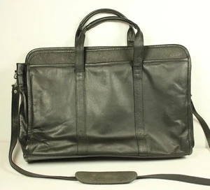 Wilson Black Leather Briefcase Messenger Bag Fabric Lined Shoulder Strap - Picture 1 of 7