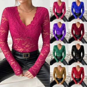 Sexy Party Women Lace Jumper Tops Pullover Ladies Slim Long Sleeve Club Blouse - Picture 1 of 27