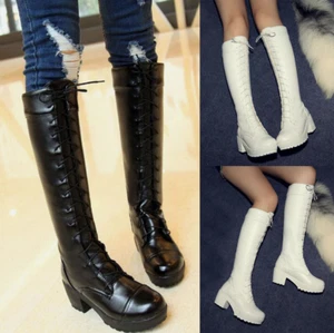 Women's Knee High Boots Lace Up Chunky Platform Heels Combat Riding Wedge Boots - Picture 1 of 22