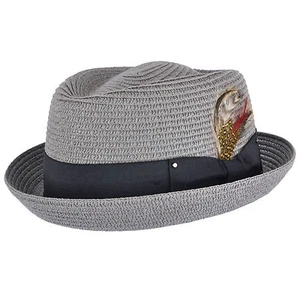 Crushable Straw Summer Pork Pie Trilby Hat With Removable Feather - Picture 1 of 20