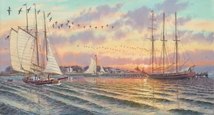 "San Jose Postmaster Johnson's Wharf " Giclee Print Herb Booth Sail Boats - Picture 1 of 1