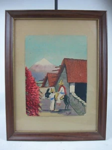 Mid Century Aquarellmalerei Dorfbewohner Esel signiert Kubo - Bild 1 von 13