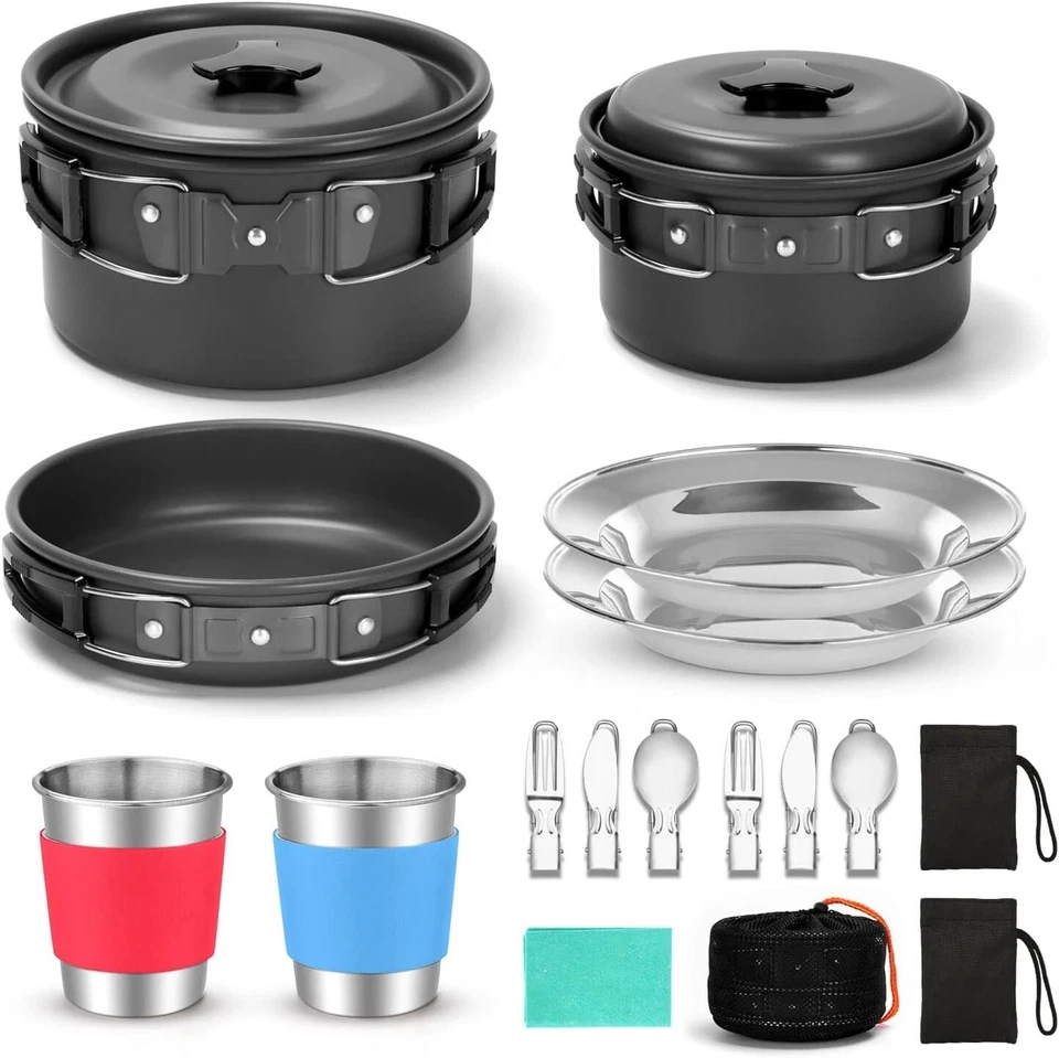 Kit de desorden de utensilios de cocina de camping de 16 piezas, juego de sartenes antiadherentes con tazas platos Foto 1 de 4
