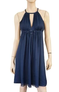 REBECCA TAYLOR Sz 4 Aegean Blue Silk Chiffon Embellished Empire Halterneck Dress - Picture 1 of 5