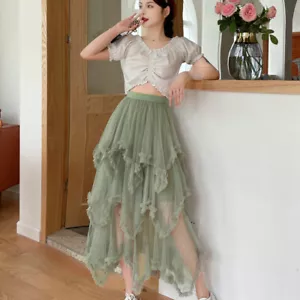 Women Mesh Skirt Elastic Waist Ruffle Swing Frill Casual Summer Irregular Fairy - Picture 1 of 26