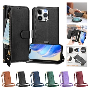 Magnetic Flip Leather Zipper Wallet Phone Case for iPhone 16 15 Pro Max 14 13 12 - Picture 1 of 20