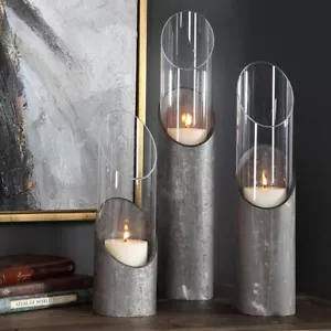 JUEGO DE TRES CANDELABROS KARTER HIERRO Y VIDRIO ENVEJECIDO INDUSTRIAL MÁXIMO 17518 - Imagen 1 de 4