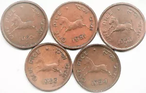 India Set of 1 PICE Horse Coins, 1 each for the years 1950-1954, Bronze Coins - Picture 1 of 2