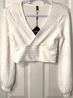NEW! Zaful Crop Top Sz Jrs L Cable Knit Long Sleeve Wrap V Neck Blouse White NWT