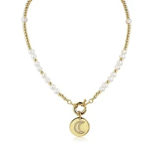 Damen Kette Gold vergoldet Perlen weiß Anhänger Mond 24 Karat Wasserfest K6232D - Bild 1 von 9