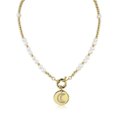 Femme Chaîne Plaqué Or Perles Blanc Pendentif Lune 24 Carat Imperméable K6232D - Photo 1/4