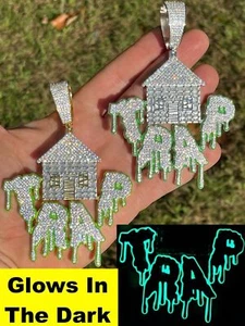 Real 925 Silver Gold Plated HUGE 3" Glows In Dark HOUSE TRAP Hip Hop Pendant CZ - Picture 1 of 16