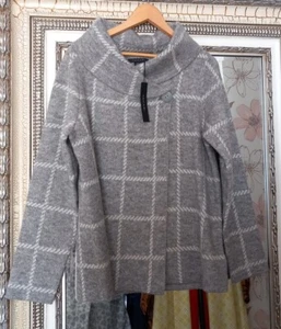 BN TAHARI Ladies Heather Grey Check Wool Blend Chunky Knit Collared Jacket UK XL - Picture 1 of 11