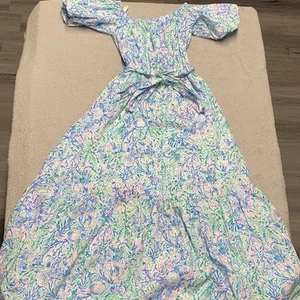 Lilly Pulitzer Tamie Dress XXS Surf Blue Soleil It On Off The Shoulder Midi Tie - Picture 1 of 8