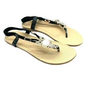 Damen Zehenstegsandalen Knöchelriemen Eule Strass schwarz Größe 40 US 8 - Bild 1 von 6