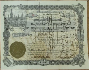 Vinton, Calcasieu Parish, LA 1930 Stock Certificate, Gorbat Oil Co., Louisiana - Bild 1 von 1