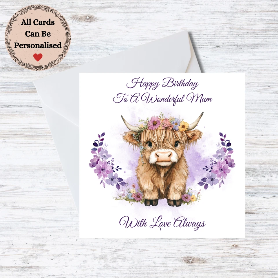 Personalised Mum Daughter Wife Birthday Card - Highland Cow Customisable Name - Image 1 of 1