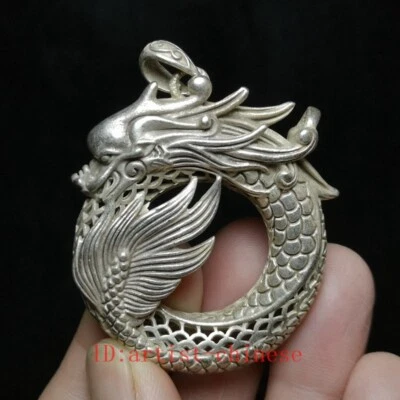 Colgante de estatua de dragón tallado en plata del Tíbet chino antiguo de 2,4 pulgadas colección de regalo Foto 1 de 4