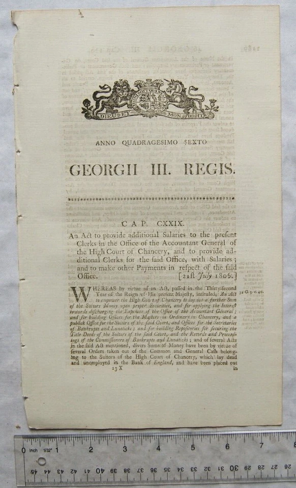 1806 Act of Parliament: salary Clerk of Accountant General High Court Chancery - Image 1 of 1