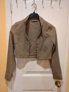 Top Zara Beige y Negro Pata de Gallo Recortado Manga Larga Con Botones L - Imagen 1 de 12