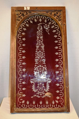 Antique Mughal Butta Design Etched Glass Panels Window Ruby Red Wooden Frame "2 Cover