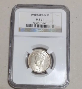 CYPRUS KING GEORGE VI- 9 PIASTERS 1940 NGC MS61 EXTRA FINE-2755516-006 - Picture 1 of 6