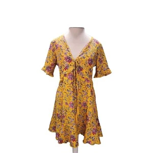 Boohoo Damen senfgelb Blumenmuster hinten offen Minikleid Größe 10 Quaste Boho - Bild 1 von 10