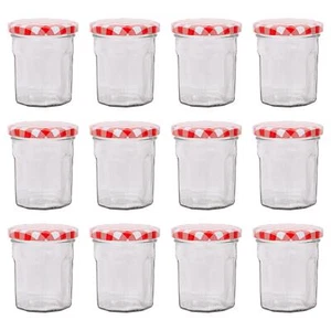 12x 150ml Glass Jam Jars with Red Gingham Lids Chutney Preserve Honey Storage - Picture 1 of 7