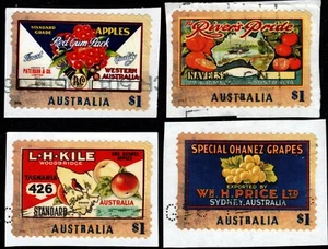 Australia 2016 Nostalgic Fruit Labels Peel & Stick (4) Used on piece SG 4586-9 - Picture 1 of 1