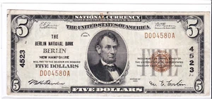 $5 1929 T1 National BERLIN New Hampshire NH 🇺🇸 Problem Free! 🇺🇸 - Picture 1 of 2