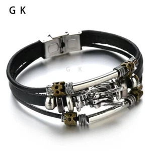 Multilayers Stainless Steel Biker Dragon Head Genuine Leather Bracelet Bangle - Picture 1 of 12
