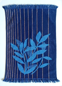 Vintage Badetuch Stahl blau Blatt hellbraun Streifen Fransen Retro Kanone Monticello - Bild 1 von 10