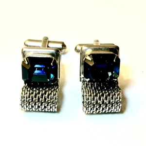 Silver Plated Mesh Cuff Links Wrap Blue Crystal Mens Button Dress Shirt Wedding - Picture 1 of 13