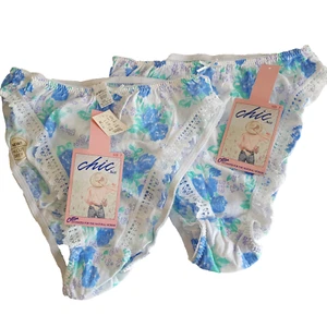 2 Vintage Chic h.i.s. Floral Panties Size 7 High Cut 100% Cotton Lace Trim Blue - Picture 1 of 5