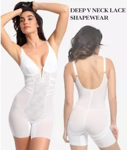 Popilush Shapewear Spitze tiefer V-Ausschnitt mittelhoher Oberschenkel Body weiß Large neu mit Etikett - Bild 1 von 13