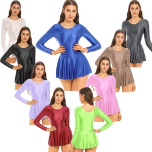 UK Women Shiny Oil Ruffled Leotard Dress Long Sleeve Dance Dress Built-in Briefs - Picture 1 of 117