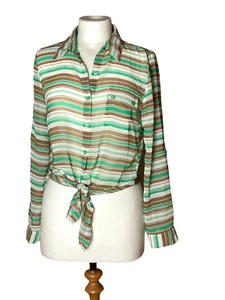 Edge Blouse Women Small Button Up Knot Front Striped Rolled Sleeves Size S - Picture 1 of 10