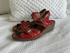 Fly London Red Patent Leather Buckle Open Toe Wedge Sandals Shoes 40 UK 7 - Picture 1 of 10