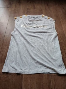 BALMAIN Logo Tank, Size 36 White Gold Buttons Metallic Top Blanc Cotton - Picture 1 of 6