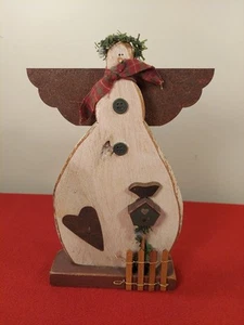 Primitiver 10 Zoll Holz Engel Schneemann mit Vogelhaus handbemalt - Bild 1 von 15