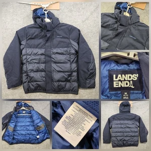 Lands End Jacket Mens Medium Navy Blue Hooded Duck Down Puffer Insulated Coat - Picture 1 of 15