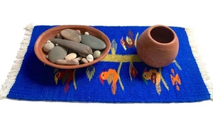 Small Blue Tree of Life Rug Runner, Table Decor Hand Woven Wool Zapotec Rug - Picture 1 of 11