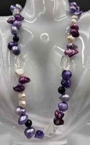 Vtg Necklace Y2K Purple Pink Genuine Fresh Water Pearls & Crystal One Strand. - Bild 1 von 10