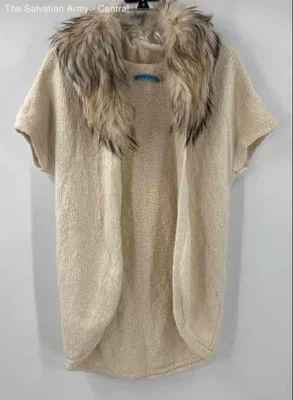 Alice + Olivia Womens Cream Short Sleeve Fur Trim Cardigan Sweater Size Small - Image 1 of 4
