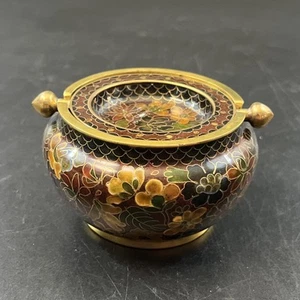 Vtg Chinese Brass Enamel Cloisonne Swivel Flip Lid Top Ashtray 4" Incense Burner - Picture 1 of 10