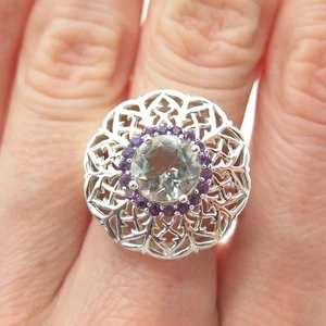 ROSS SIMONS 925 Sterling Silver Real Aquamarine & Amethyst Flower Ring Size 7.25 - Picture 1 of 9